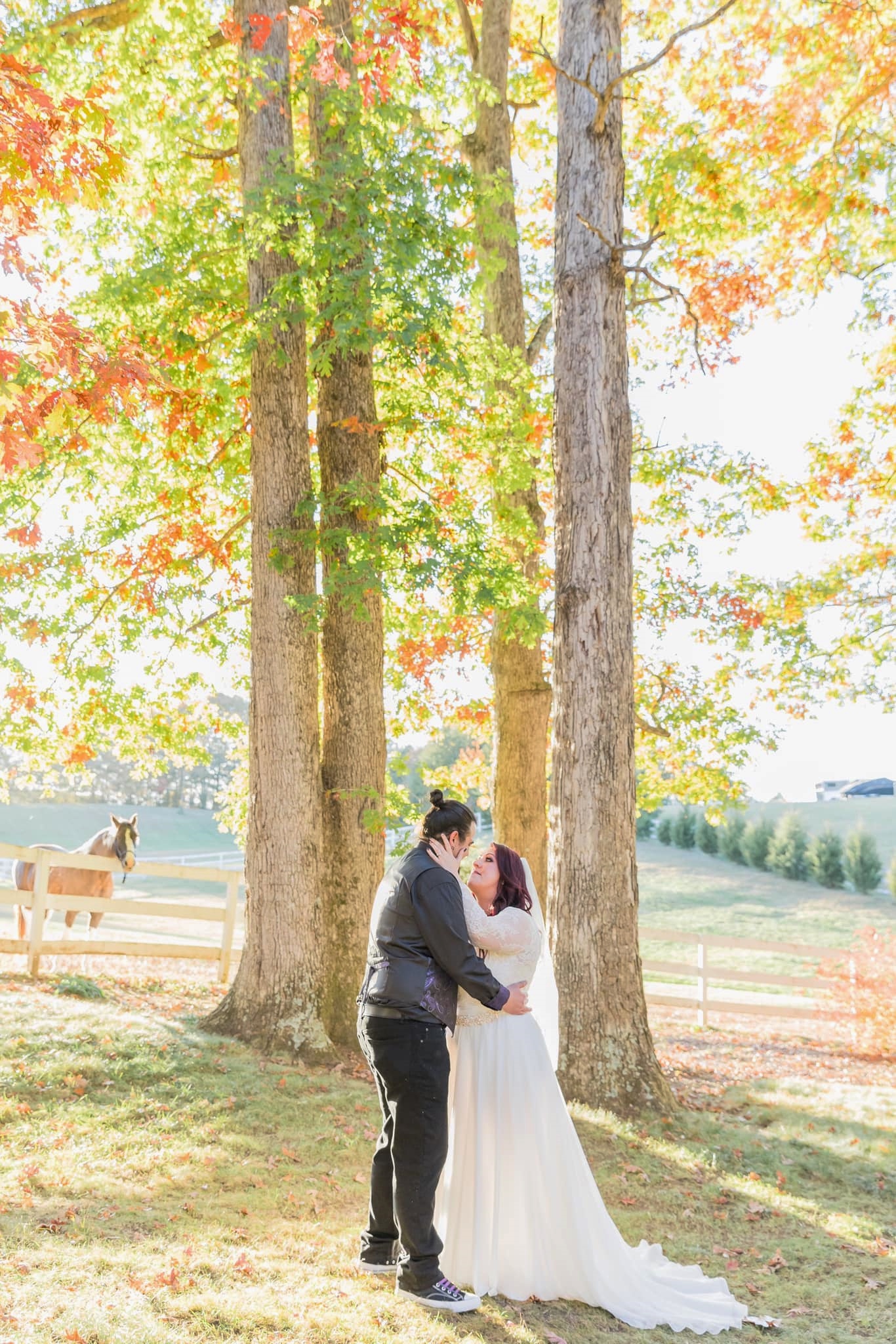 Bride and groom posing in front of oak.